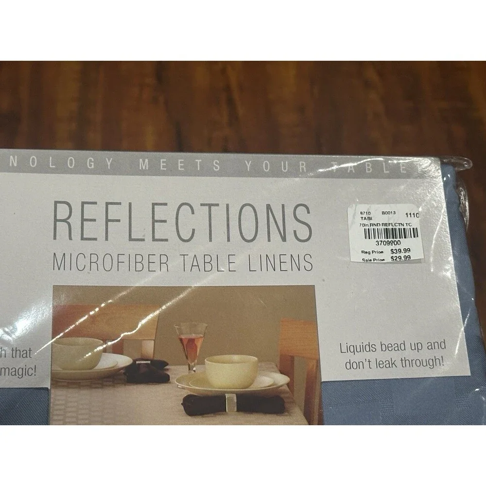 Bardwil Reflections Microfiber Table Linens Stone Blue 70” Round Tablecloth New
